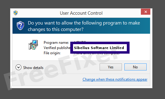 Screenshot where Sibelius Software Limited appears as the verified publisher in the UAC dialog